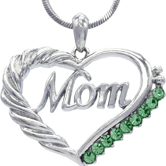 Mom Heart Pendant Necklace Green Birthstone Silver Tone‎ Mother’s Day Gift - Picture 1 of 1